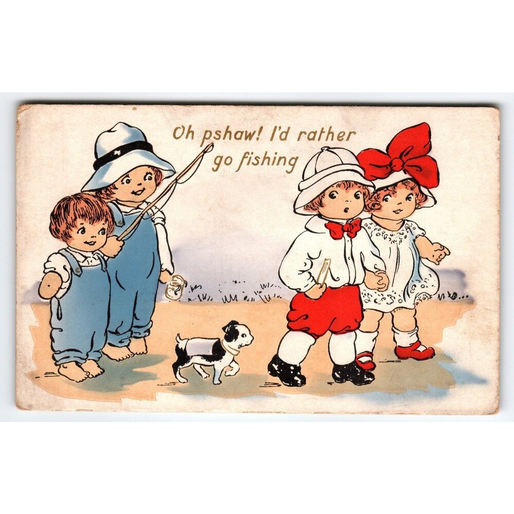 Vintage Children & Dog Fishing Theme Divided Back Postcard Whitneys